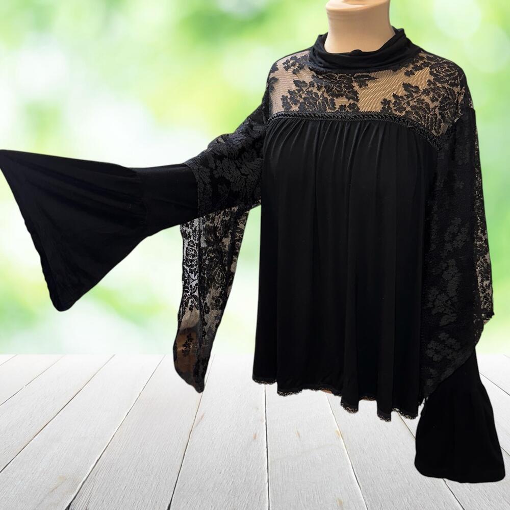 POL Babydoll Top Lace Yoke Bell Sleeve Sheer Goth Romantic Black Size L